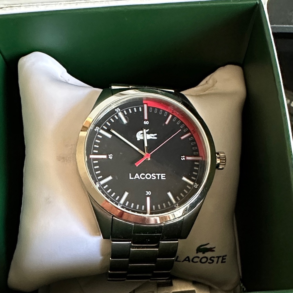 Lacoste Montreal Stainless Steel Timepiece Watch Silver Black Red 44mm water res